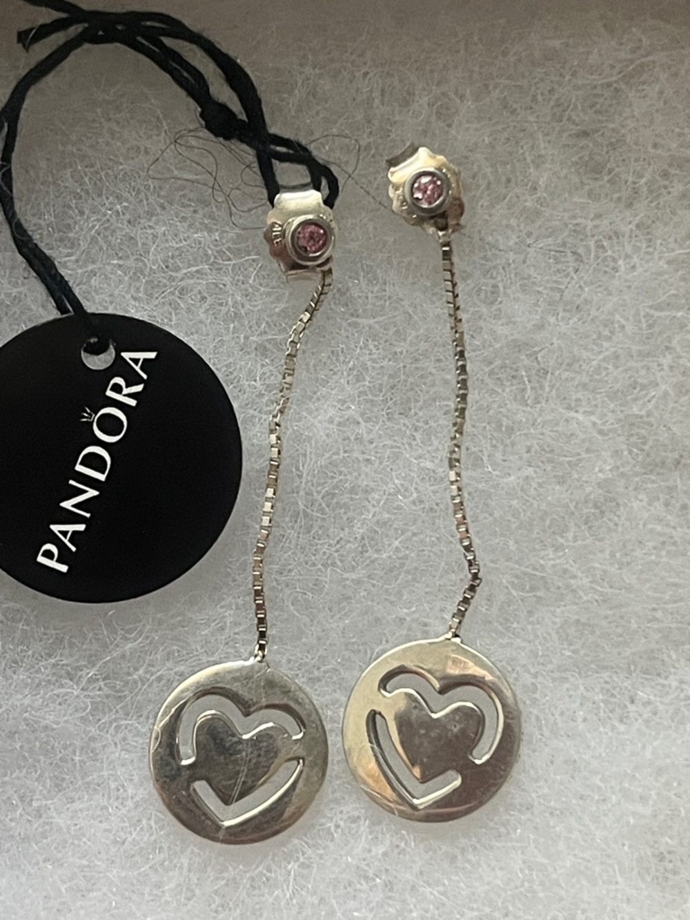 PANDORA Sterling Silver Pink Stone Heart Drop Dangle Earrings